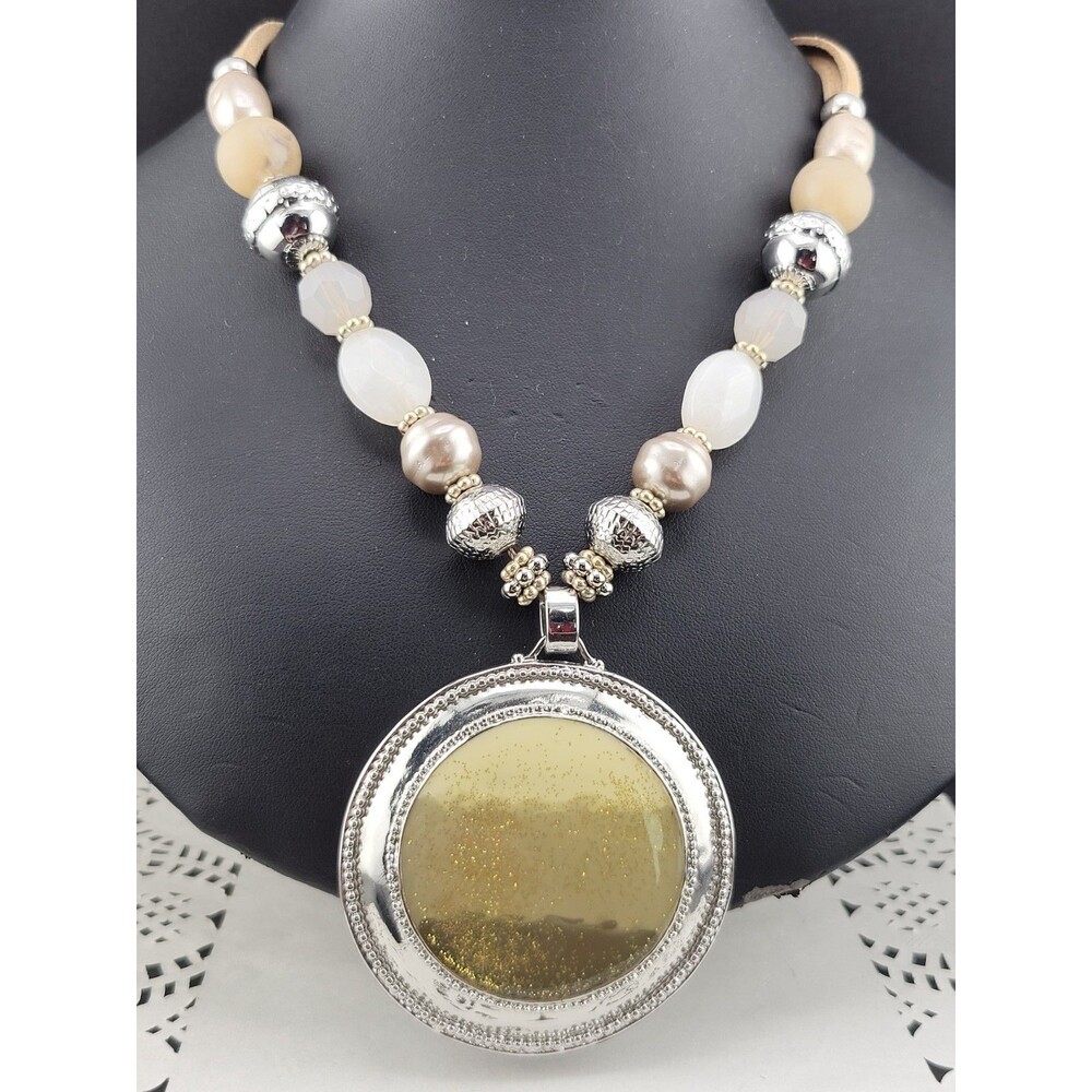 Signed Chico's Big Gold Glitter Enamel Lucite Beads Silver Tone Pendant Necklace